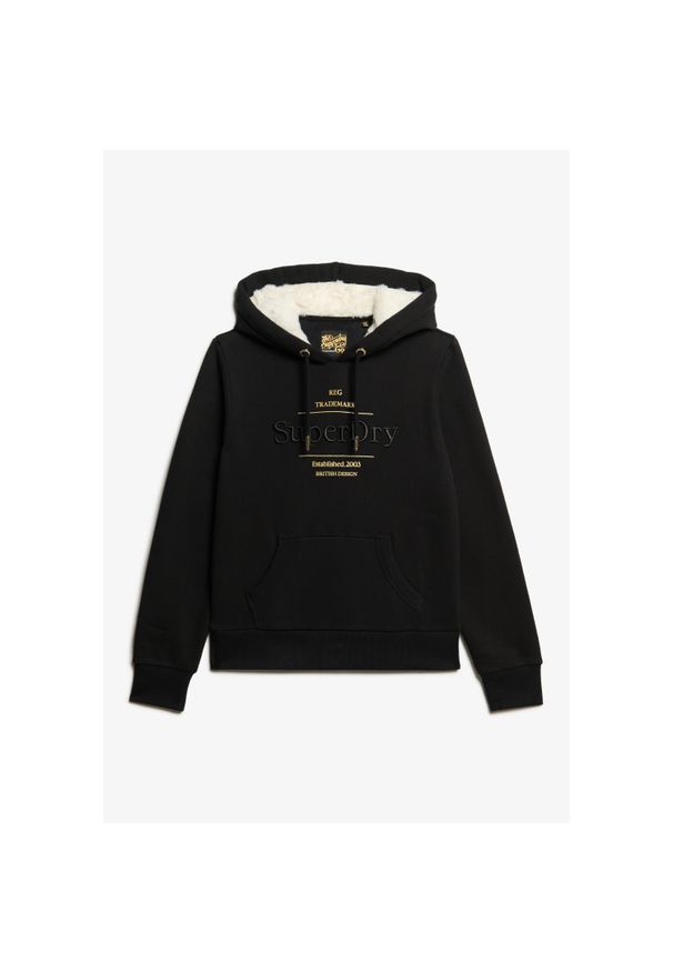 Bluza damska z kapturem Superdry Luxe Metallic Logo. Typ kołnierza: kaptur. Kolor: czarny. Materiał: skóra