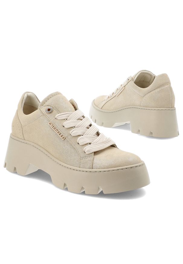 CheBello - Złote Półbuty Chebello Modne Obuwie Damskie. Okazja: na co dzień. Zapięcie: sznurówki. Kolor: złoty. Materiał: materiał. Styl: casual, elegancki, klasyczny