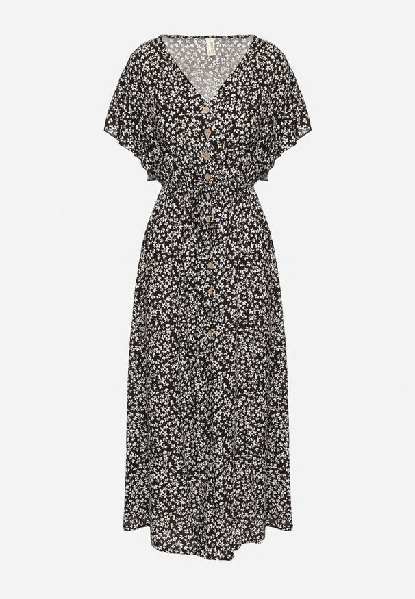 Born2be - Czarna Bawełniana Sukienka z Gumką w Talii w Drobne Kwiatki Nulinea. Okazja: na co dzień. Typ kołnierza: dekolt w serek. Kolor: czarny. Materiał: bawełna. Wzór: kwiaty. Typ sukienki: rozkloszowane. Styl: casual, klasyczny, elegancki