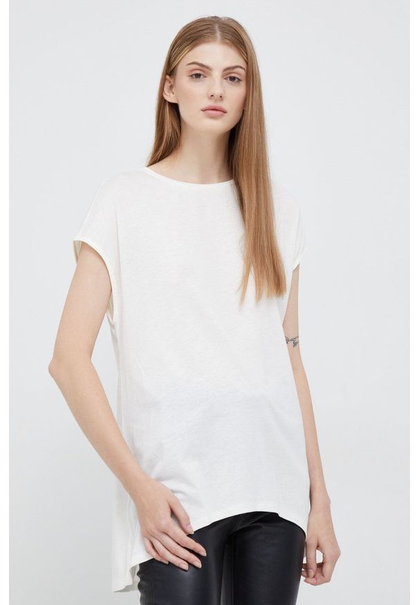 Sisley t-shirt damski kolor beżowy. Okazja: na co dzień. Kolor: beżowy. Materiał: dzianina. Długość: długie. Styl: casual