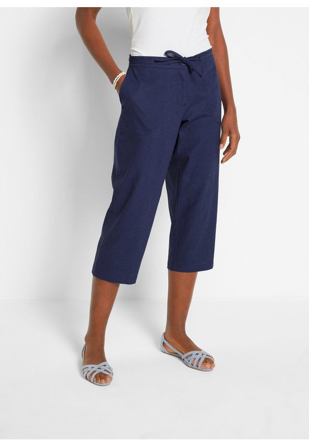 bonprix - Spodnie lniane 3/4. Kolor: niebieski. Materiał: len