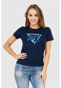 Guess - GUESS Granatowy t-shirt damski iconic. Kolor: niebieski. Materiał: bawełna. Wzór: aplikacja #1