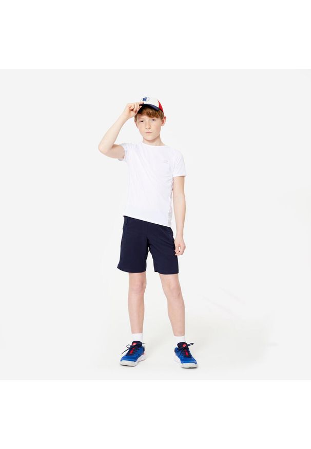Decathlon - Spodenki sportowe dla dzieci Domyos. Okazja: na uczelnię. Kolor: niebieski. Materiał: materiał, poliester. Styl: sportowy. Sport: joga i pilates, fitness