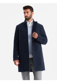 Ombre Clothing - Płaszcz męski z asymetrycznym zapięciem i wysokim kołnierzem – granatowy V3 - Rozmiar: XL. Okazja: na co dzień. Typ kołnierza: kołnierzyk stójkowy. Kolor: niebieski. Materiał: wiskoza, poliester, materiał, syntetyk, włókno. Długość: długie. Wzór: aplikacja, jednolity. Styl: wizytowy, casual, elegancki #6