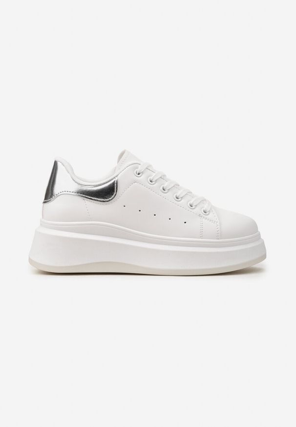 Born2be - Biało-Srebrne Sneakersy z Ekoskóry na Platformie ze Sznurowaniem Telretia. Kolor: biały. Obcas: na platformie