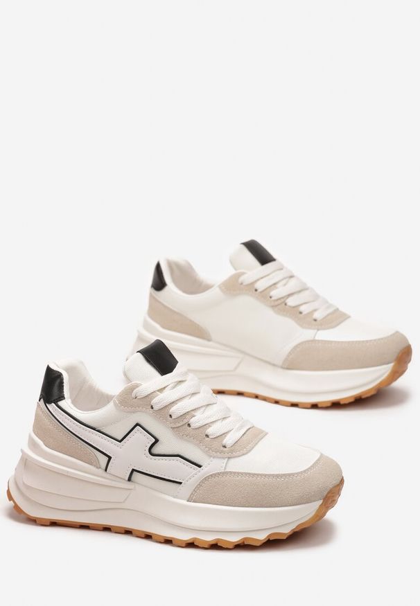 Renee - Biało-Beżowe Sneakersy przed Kostkę na Platformie z Wstawką Evienne. Wysokość cholewki: przed kostkę. Kolor: biały. Obcas: na platformie
