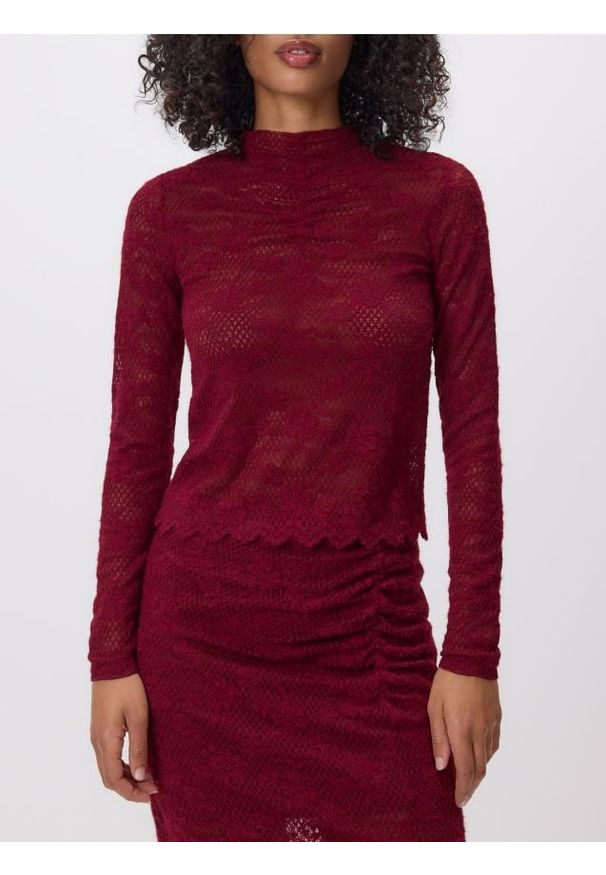 Reserved - Bluzka z haftowanym wzorem - burgundowy. Kolor: czerwony. Materiał: dzianina. Wzór: haft