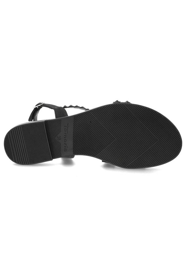 Czarne Sandały Tamaris Eleganckie Buty Damskie. Okazja: na co dzień. Zapięcie: pasek. Kolor: czarny. Materiał: jeans, skóra ekologiczna. Wzór: paski, aplikacja. Sezon: lato. Obcas: na płaskiej podeszwie. Styl: elegancki