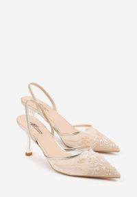 Renee - Złote Transparentne Sandały na Szpilce Ozdobione Koronką Thetune. Okazja: na randkę. Kolor: złoty. Materiał: koronka. Wzór: aplikacja, koronka. Obcas: na szpilce #3