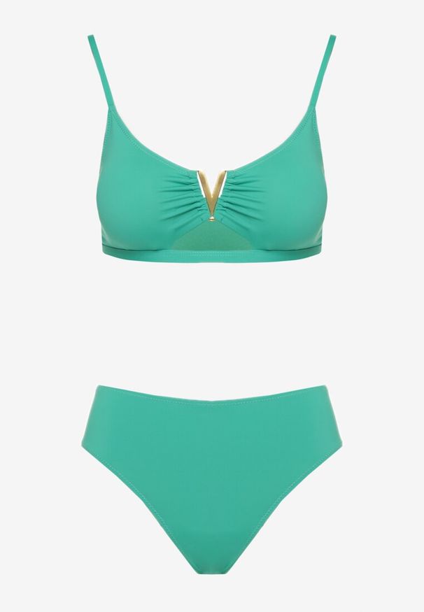 Renee - Ciemnozielone Bikini Majtki Figi i Biustonosz Ozdobiony Metaliczną Aplikacją Kinniela. Kolor: zielony. Wzór: aplikacja