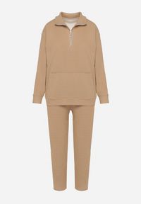 Born2be - Ciemnobeżowy Ocieplany Komplet Dresowy z Bawełny Bluza z Suwakiem i Spodnie Miretila. Kolor: beżowy. Materiał: dresówka, bawełna. Sport: turystyka piesza #5