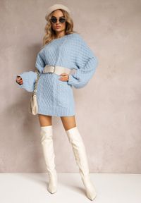 Renee - Jasnoniebieski Długi Sweter Ozdobiony Drobnym Splotem Killoe. Kolor: niebieski. Materiał: jeans. Długość: długie. Wzór: aplikacja, ze splotem #4