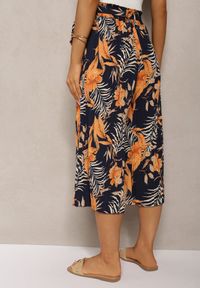 Renee - Granatowo-Pomarańczowe Spodnie High Waist z Szerokimi Nogawkami z Gumką w Talii i Materiałowym Paskiem Berlefia. Stan: podwyższony. Kolor: niebieski. Materiał: materiał. Sezon: lato #3