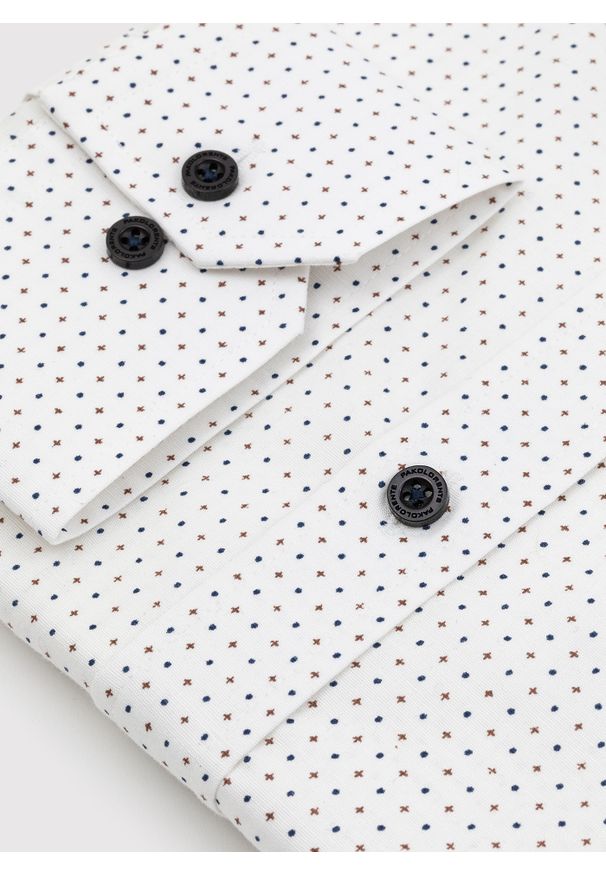 Pako Lorente - PAKO LORENTE – Biała koszula w granatowo-beżowy mikrowzór. Kolor: beżowy, niebieski, wielokolorowy, biały. Materiał: bawełna, elastan