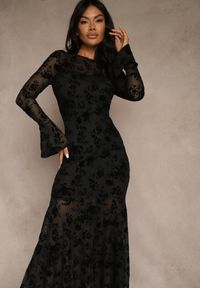 Renee - Czarna Koktajlowa Sukienka VICES z Siateczki z Welurowym Wzorem Fyreleva. Okazja: na imprezę. Kolor: czarny. Materiał: welur. Długość rękawa: długi rękaw. Styl: wizytowy #5