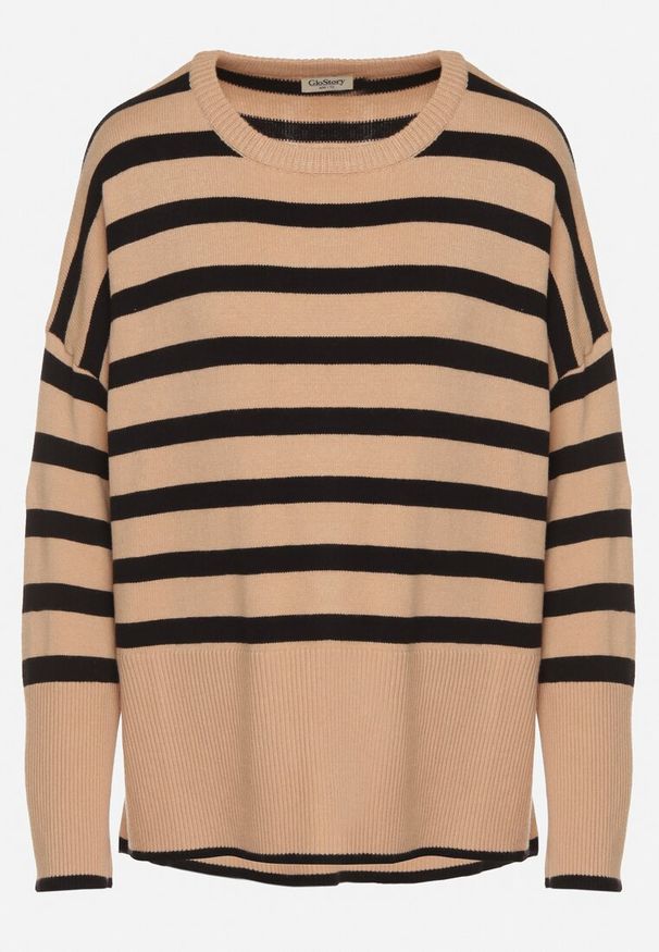 Born2be - Beżowo-Czarny Sweter o Kroju Oversize z Motywem Pasków Irtusa. Okazja: na co dzień. Kolor: beżowy. Materiał: jeans. Styl: casual