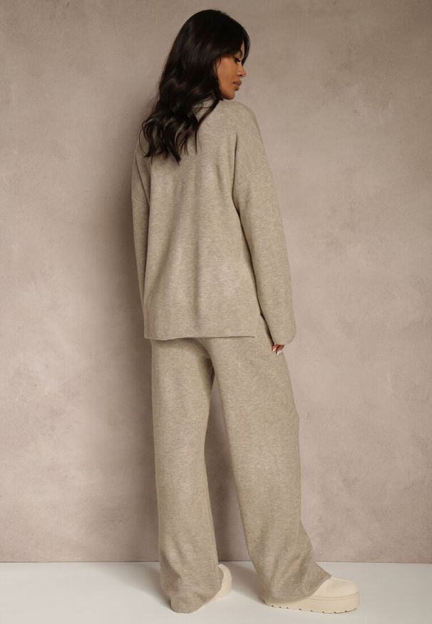 Renee - Beżowy Komplet Oversize z Dzianiny z Wełną Sweter i Szerokie Spodnie Alenria. Kolor: beżowy. Materiał: dzianina, wełna