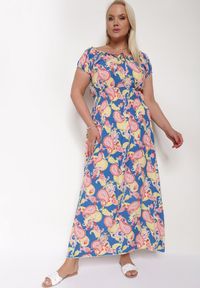 Born2be - Niebiesko-Różowa Bawełniana Sukienka z Gumką w Pasie Zilletta. Kolor: niebieski. Materiał: bawełna. Sezon: lato #1