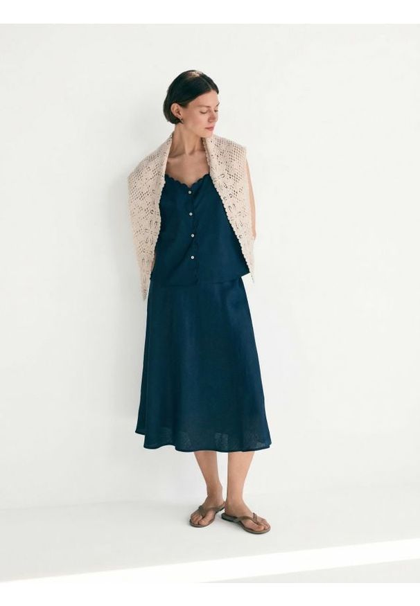 Reserved - Lniana spódnica - granatowy. Kolor: niebieski. Materiał: len