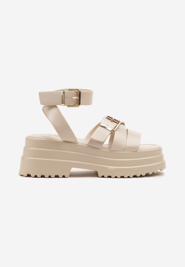 Born2be - Beżowe Sandały na Grubej Podeszwie z Klamrami Melfia. Okazja: na co dzień. Zapięcie: klamry. Kolor: beżowy. Obcas: na obcasie. Styl: casual, elegancki, rockowy. Wysokość obcasa: średni