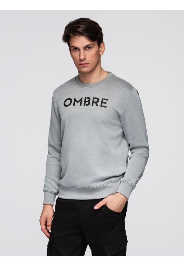 Ombre Clothing - Klasyczna męska dresowa bluza z napisem – szary melanż V1 - Rozmiar: XXL. Okazja: na co dzień. Kolor: szary. Materiał: dresówka. Wzór: napisy, melanż. Styl: klasyczny