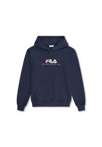 Bluza z kapturem męska do biegania Fila Valsera regular logo granatowa. Typ kołnierza: kaptur. Kolor: niebieski