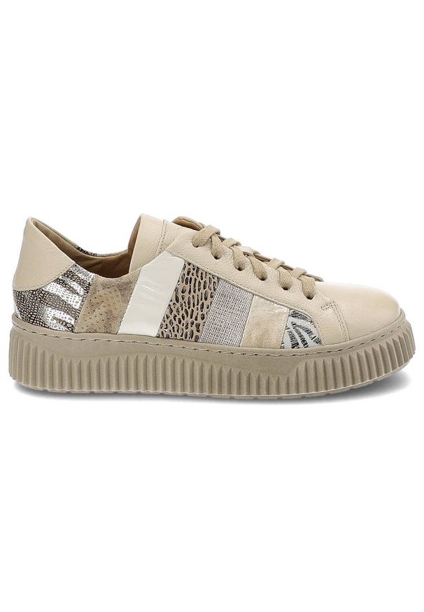 Sneakersy damskie Maciejka, cholewka z łączonych materiałów o dekoracyjnym wykończeniu klasyczne sznurowanie, bez, 05482-04-00-1. Okazja: na co dzień. Zapięcie: sznurówki. Kolor: beżowy. Materiał: materiał, skóra. Szerokość cholewki: normalna. Wzór: kolorowy, aplikacja. Styl: casual, klasyczny, sportowy