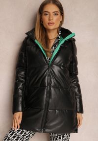Renee - Czarno-Zielona Kurtka Pikowana z Imitacji Skóry Helle. Kolor: czarny. Materiał: skóra. Styl: klasyczny