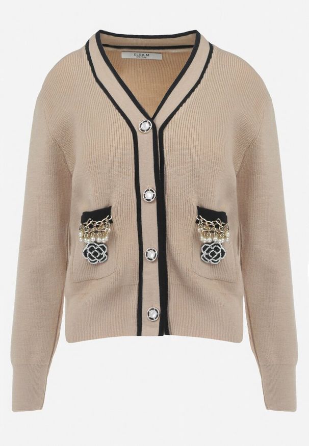 Born2be - Beżowy Kardigan z Wiskozy i Łańcuszkami Seime. Okazja: na co dzień. Kolor: beżowy. Materiał: wiskoza. Styl: casual, elegancki, klasyczny