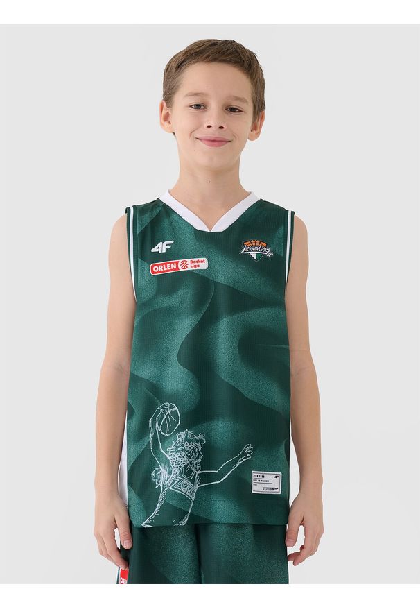 4f - 4F Koszulka meczowa replika wyjazdowa z sezonu 2024/25 dziecięca 4F x PLK - Zastal Zielona Góra - multikolor 110/116. Typ kołnierza: dekolt w serek. Kolor: wielokolorowy. Materiał: dzianina, włókno, materiał, syntetyk. Wzór: gładki, nadruk, ze splotem. Sezon: lato. Sport: koszykówka, fitness
