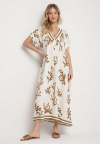 Born2be - Brązowo-Beżowa Sukienka z Lnem i Wiskozą o Pudełkowym Kroju Sadirene. Okazja: na co dzień, na spotkanie biznesowe. Kolor: brązowy. Materiał: len, wiskoza. Wzór: kwiaty. Sezon: wiosna, lato. Styl: casual, elegancki, biznesowy #1