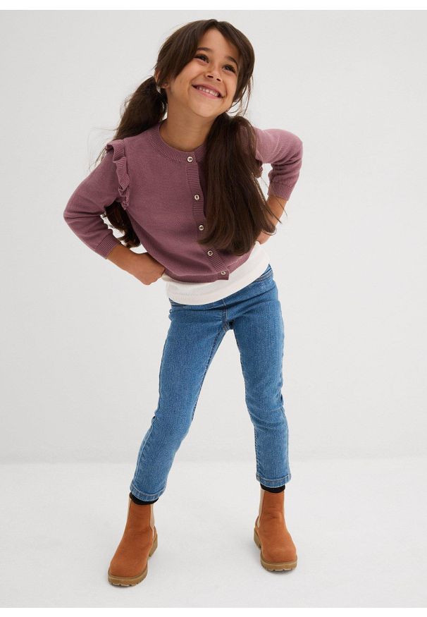 bonprix - Kardigan z cienkiej dzianiny z rękawami z falbankami. Typ kołnierza: kołnierz z falbankami. Kolor: fioletowy. Materiał: dzianina