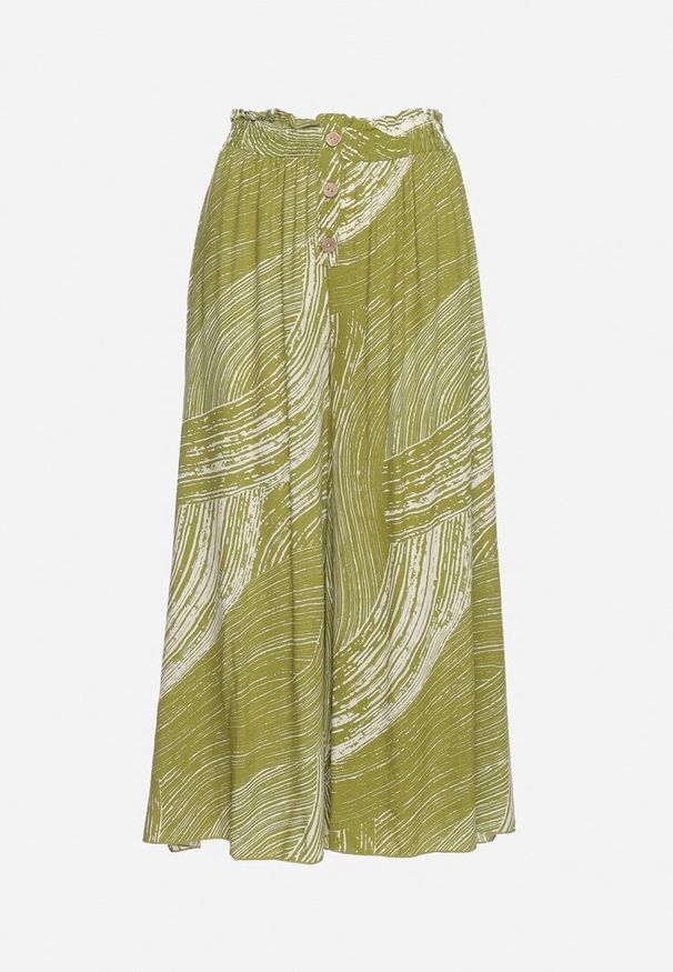 Born2be - Zielone Wiskozowe Spodnie 7/8 o Szerokim Kroju z Wysokim Stanem i Gumką w Talii Risalinse. Stan: podwyższony. Kolor: zielony. Materiał: wiskoza. Styl: elegancki