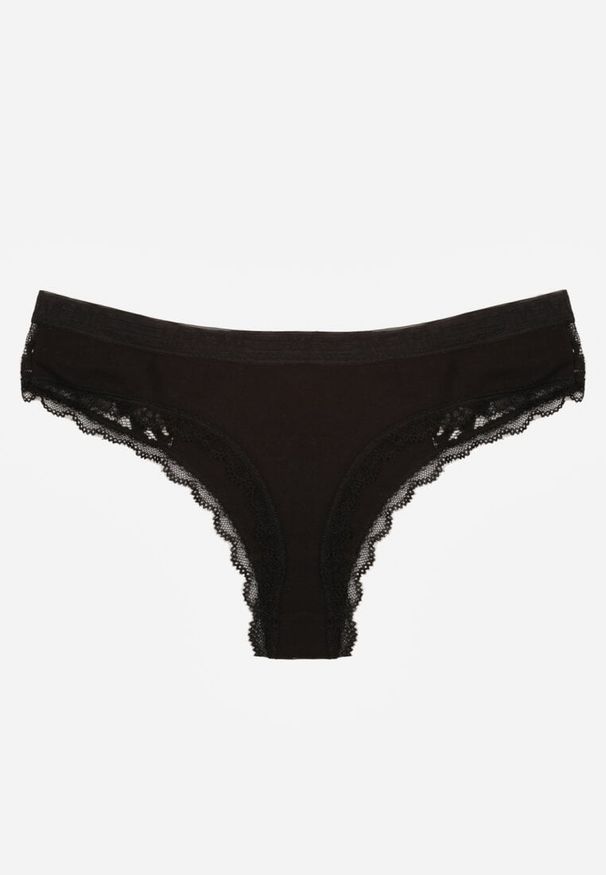 Renee - Czarne Majtki Stringi Ozdobione Koronką z Bawełną Meniliphis. Kolor: czarny. Materiał: koronka, bawełna. Wzór: koronka, aplikacja