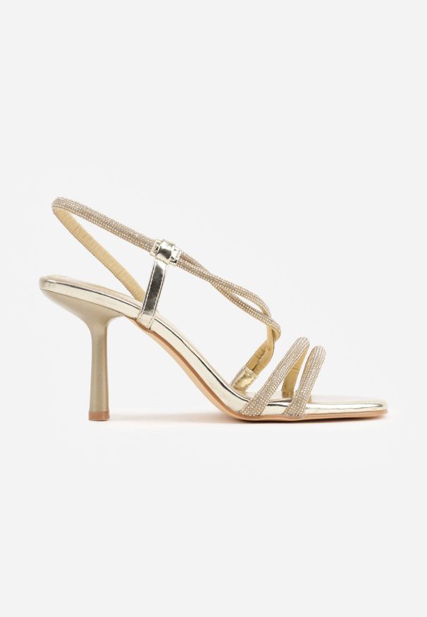 Born2be - Złote Eleganckie Sandały VICES na Szpilce Ozdobione Cyrkoniami Berevis. Kolor: złoty. Materiał: tiul. Wzór: aplikacja. Obcas: na szpilce. Styl: elegancki