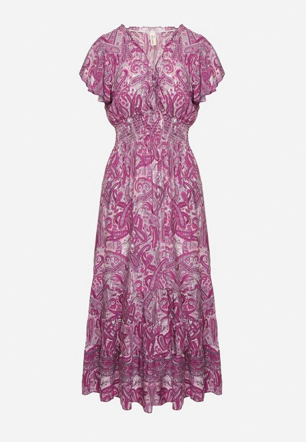 Born2be - Fioletowa Rozkloszowana Kopertowa Sukienka z Bawełny o Wzorze Paisley z Gumką w Talii Zonne. Okazja: na co dzień. Typ kołnierza: dekolt w kształcie V, dekolt kopertowy. Kolor: fioletowy. Materiał: bawełna. Długość rękawa: krótki rękaw. Wzór: paisley. Typ sukienki: kopertowe. Styl: elegancki, klasyczny, casual