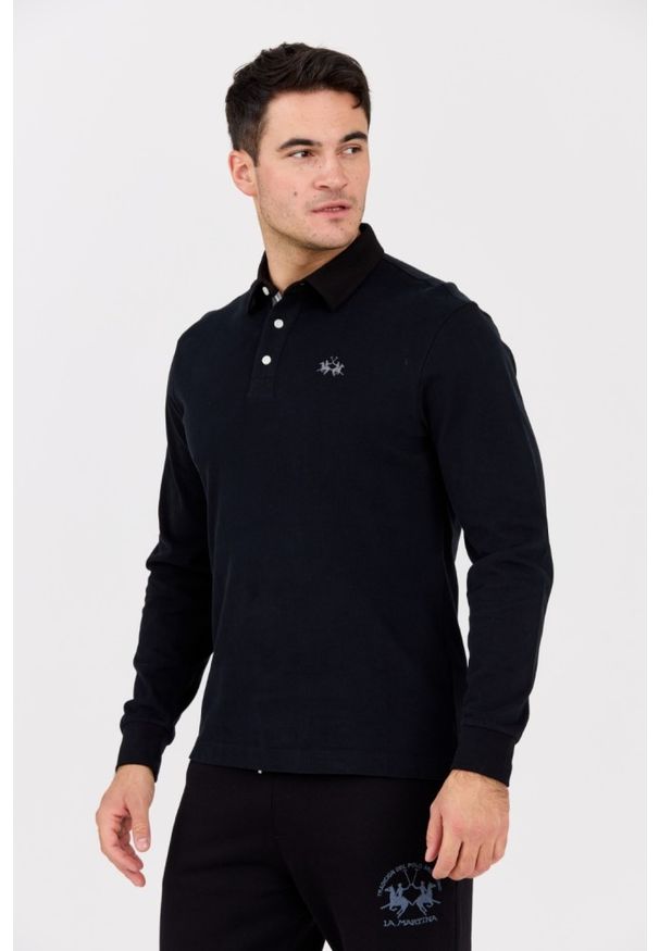 La Martina - LA MARTINA Czarny męski longsleeve polo HEAVY JERSEY. Okazja: na co dzień. Typ kołnierza: polo. Kolor: niebieski. Materiał: jersey. Długość rękawa: długi rękaw. Styl: casual