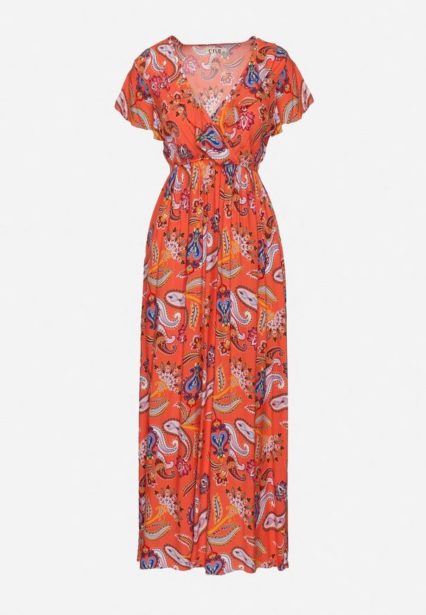 Born2be - Pomarańczowa Sukienka z Wiskozy z Gumką w Pasie i Kopertowym Dekoltem Kaliona. Kolor: pomarańczowy. Materiał: wiskoza. Wzór: aplikacja. Sezon: lato. Typ sukienki: kopertowe