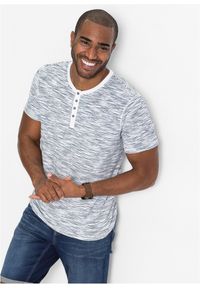 bonprix - T-shirt z dekoltem henley z czystej bawełny, krótki rękaw. Typ kołnierza: typu henley. Kolor: niebieski. Materiał: bawełna. Długość rękawa: krótki rękaw. Długość: krótkie. Wzór: paski #1