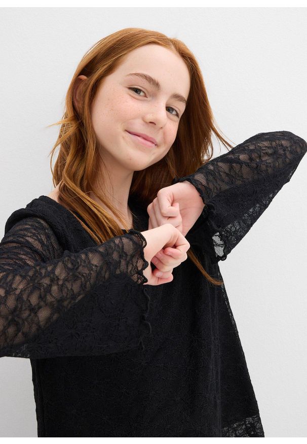 bonprix - Koronkowa bluzka z długim rękawem. Kolor: czarny. Materiał: koronka. Długość rękawa: długi rękaw. Długość: długie. Styl: elegancki