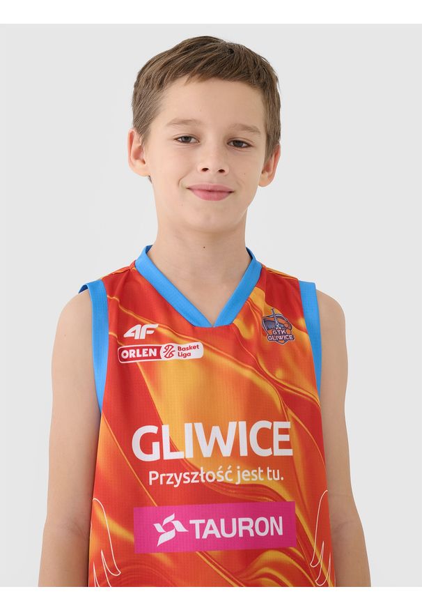 4f - 4F Koszulka meczowa replika domowa z sezonu 2024/25 dziecięca 4F x GTK Gliwice - multikolor 98/104. Typ kołnierza: dekolt w serek. Kolor: wielokolorowy. Materiał: syntetyk, dzianina, materiał, włókno. Wzór: nadruk, ze splotem, gładki. Sezon: lato. Sport: koszykówka, fitness