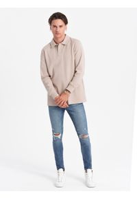 Ombre Clothing - Bluza męska z kołnierzykiem polo ze strukturalnej dzianiny - beżowa V2 - Rozmiar: XXL. Typ kołnierza: polo. Kolor: beżowy. Materiał: dzianina #6