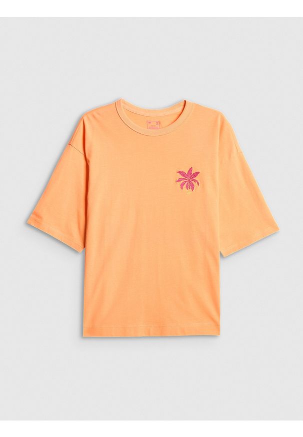 4f - 4F T-shirt boxy z nadrukiem damski - pomarańczowy XS. Okazja: na co dzień. Kolor: pomarańczowy. Materiał: dzianina, bawełna, materiał. Wzór: nadruk. Styl: casual