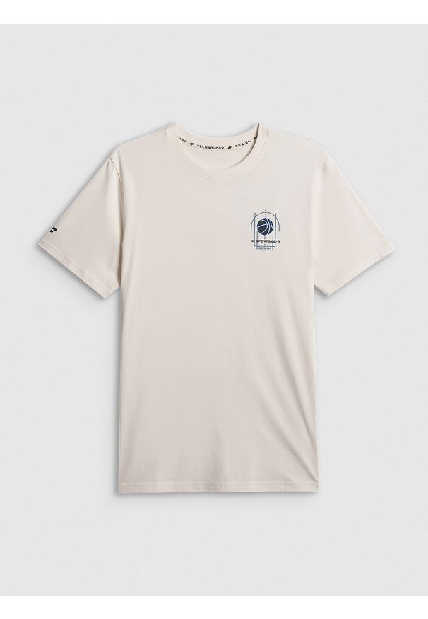 4f - 4F T-shirt regular z nadrukiem męski - beżowy S. Okazja: na co dzień. Kolor: beżowy. Materiał: bawełna, dzianina. Wzór: nadruk. Styl: casual