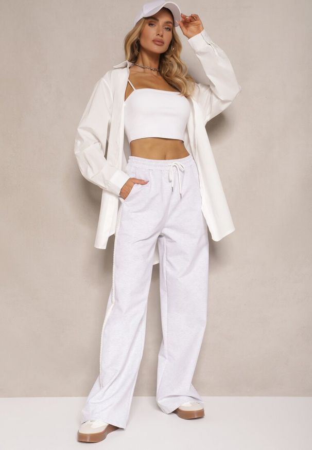 Renee - Szare Bawełniane Spodnie o Szerokim Kroju High Waist z Lampasami Pillorra. Okazja: na co dzień. Stan: podwyższony. Kolor: szary. Materiał: bawełna. Styl: sportowy, casual