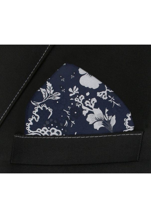 Męska, Elegancka Poszetka - Alties - Popielaty Wzór Kwiatowy, Granatowe Tło. Kolor: niebieski. Materiał: poliester. Wzór: kwiaty