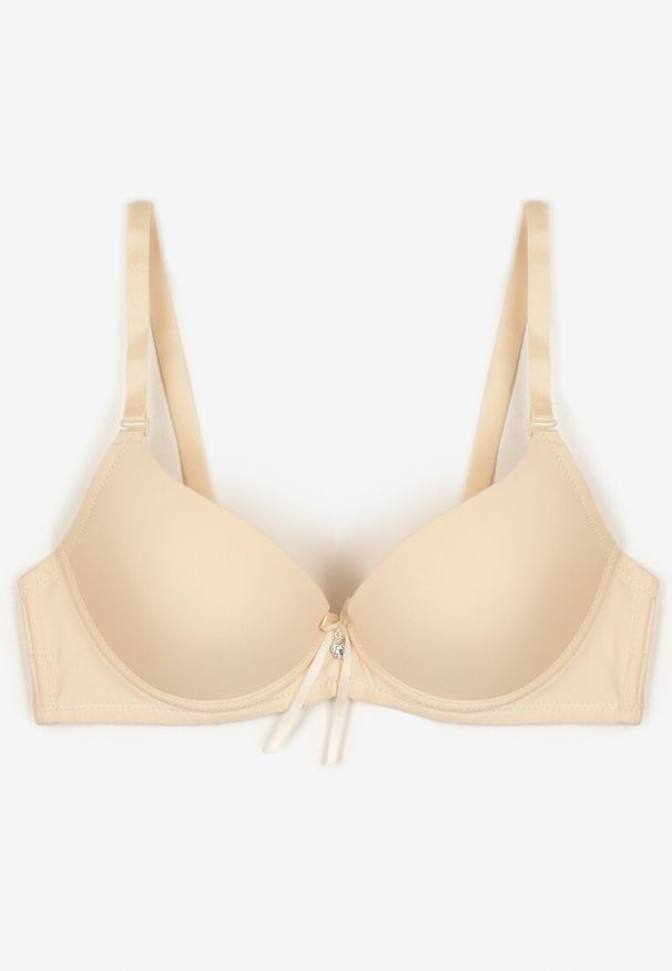 Born2be - Beżowy Gładki Biustonosz Push Up z Ozdobną Aplikacją Idanisse. Kolor: beżowy. Materiał: jeans. Rodzaj stanika: push-up. Wzór: aplikacja, gładki