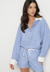 Born2be - Niebieska Koszula w Paski z Kontrastowymi Mankietami i Kołnierzykiem Zarona. Okazja: na co dzień. Typ kołnierza: kołnierzyk klasyczny. Kolor: niebieski. Materiał: jeans. Wzór: paski. Styl: klasyczny, elegancki, casual #4