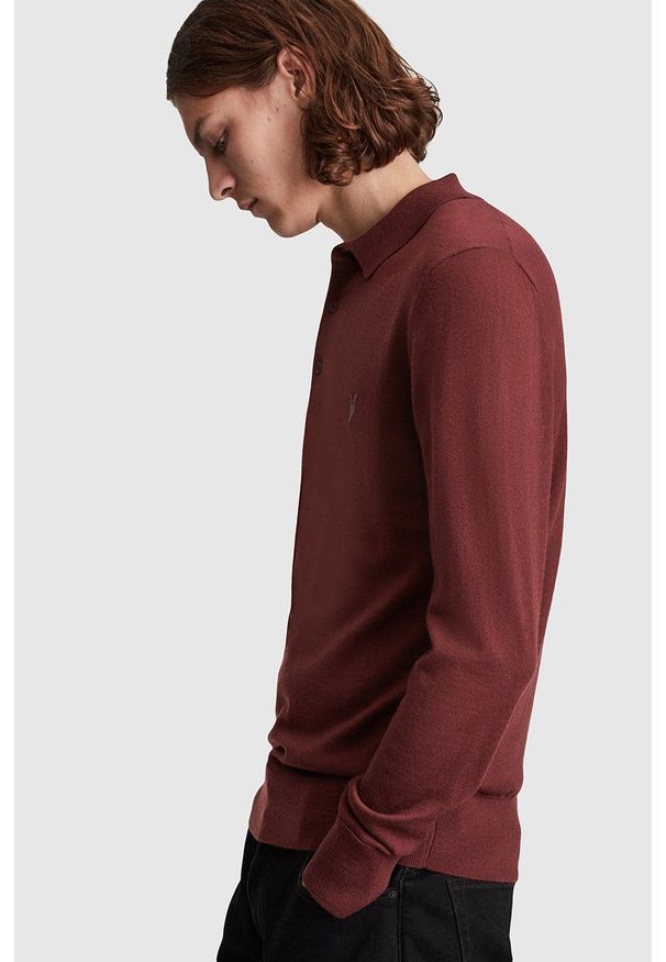 AllSaints Sweter wełniany męski kolor bordowy. Okazja: na co dzień. Kolor: czerwony. Materiał: wełna. Długość rękawa: długi rękaw. Długość: krótkie. Styl: casual