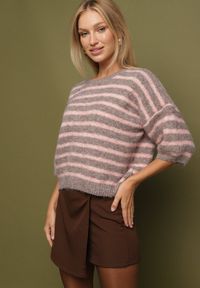 Born2be - Brązowy Sweter z Wełną i Bufiastymi Rękawami w Paski Kaonne. Okazja: na co dzień. Kolor: brązowy. Materiał: wełna. Wzór: paski. Styl: casual, elegancki #5